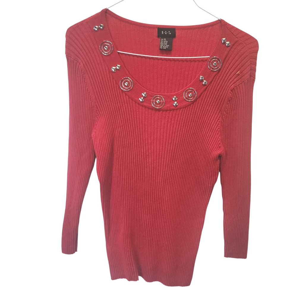 RQT Ribbed Sweater Womens XL Red Embellished Rhinestone‎ Y2K Glam Scoop Neck